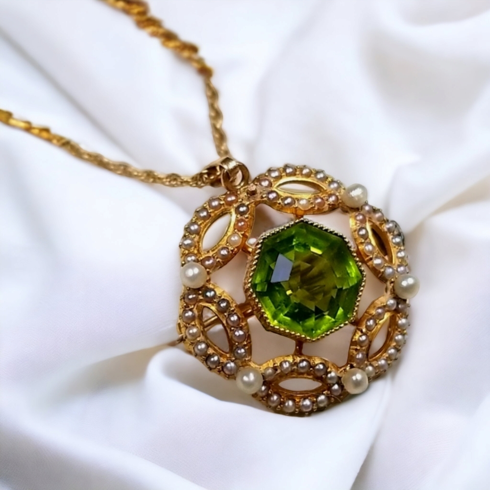 Vintage 14k Gold Cultured Pearl and Peridot Pendant Brooch Combo Necklace - Picture 4 of 16